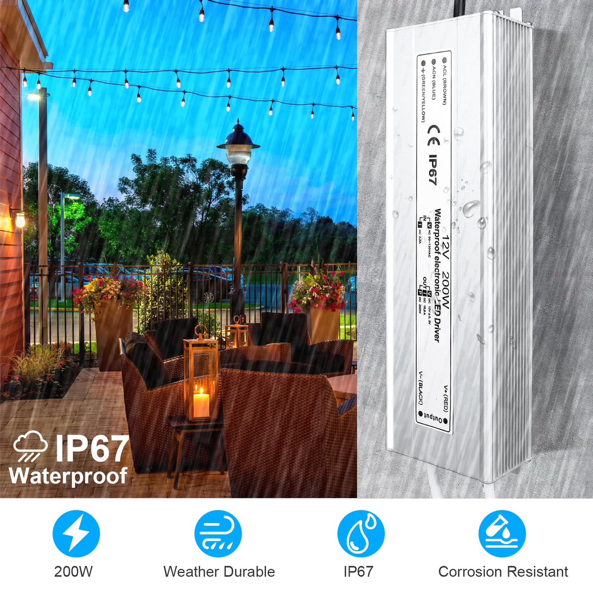 200 Watts Waterproof IP67 LED Driver 12V DC Power Supply V4911