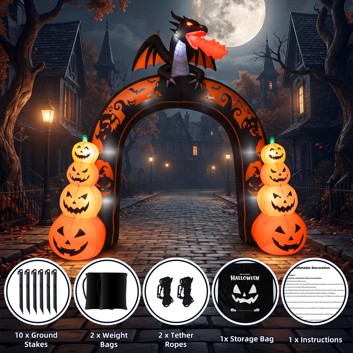 10 FT Tall Halloween Inflatables Dragon Pumpkin Archway Outdoor Decorations with Built-in LEDs Q6248