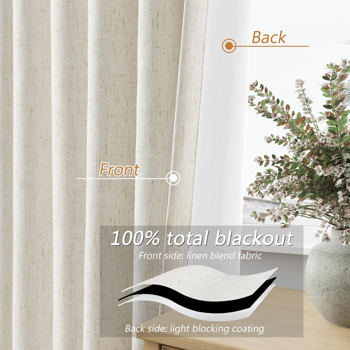 100% Blackout Linen Curtains 108 Inches 2 Panels S98785