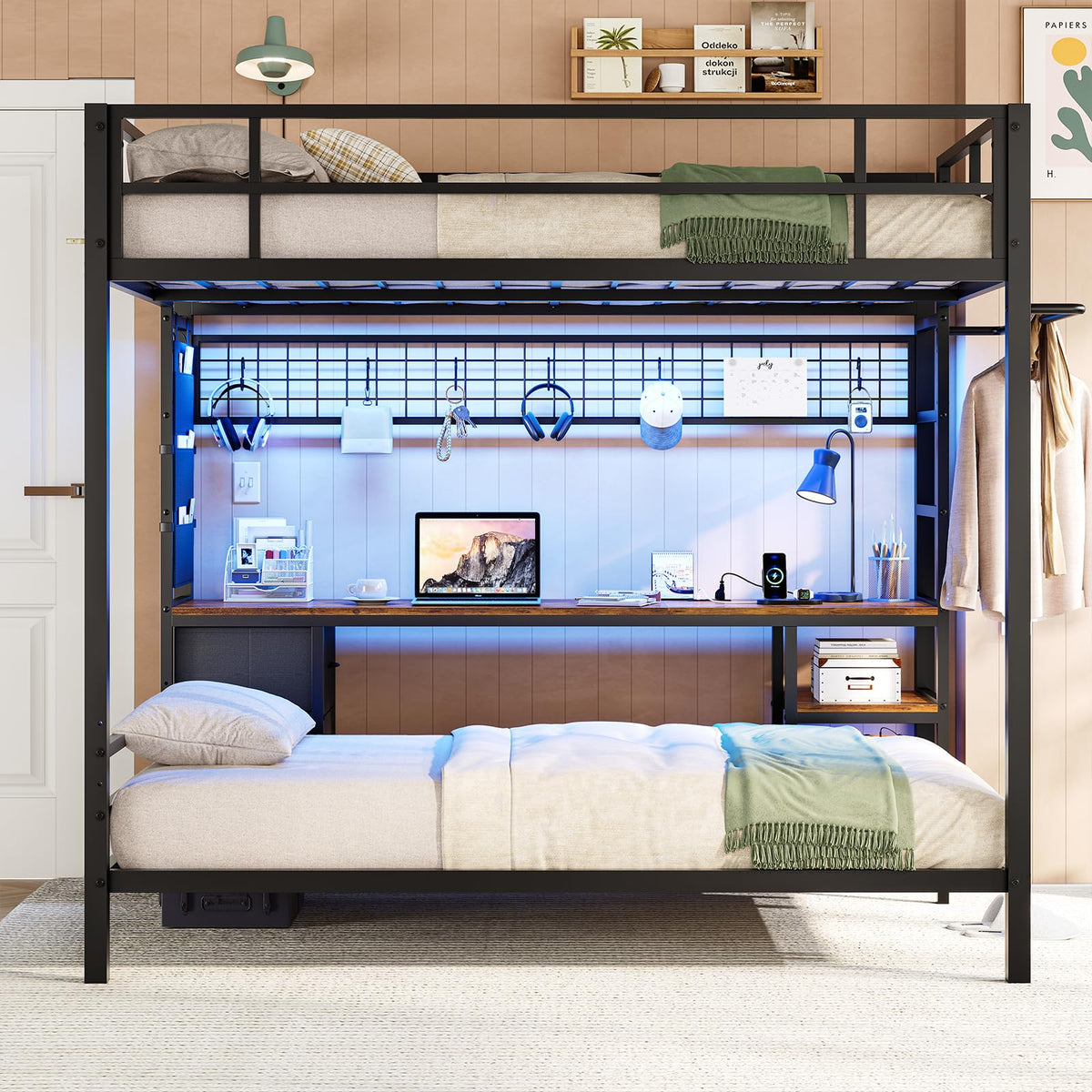 Full Over Twin Bunk Bed with Desk and LED Lights Q4651