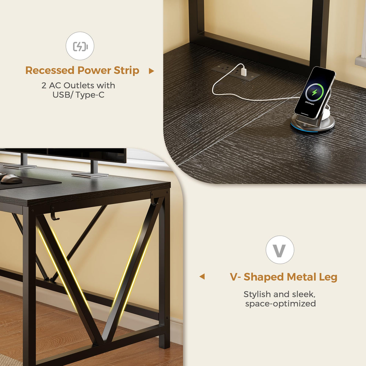 L Shaped Gaming Desk with Fabric Drawers and Power Outlet, Black N185