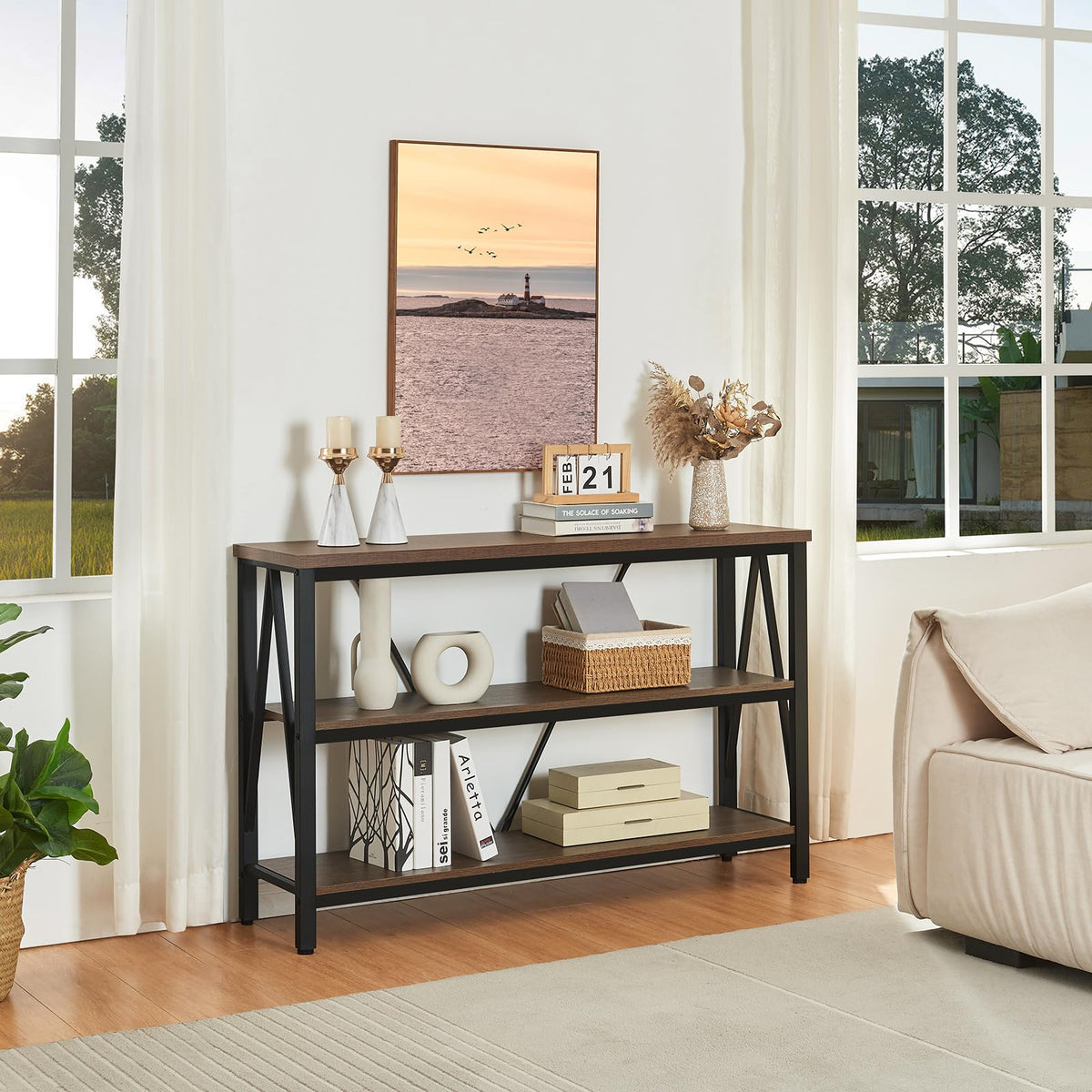 Brown 3 Tier Console Table with Open Shelves Y147