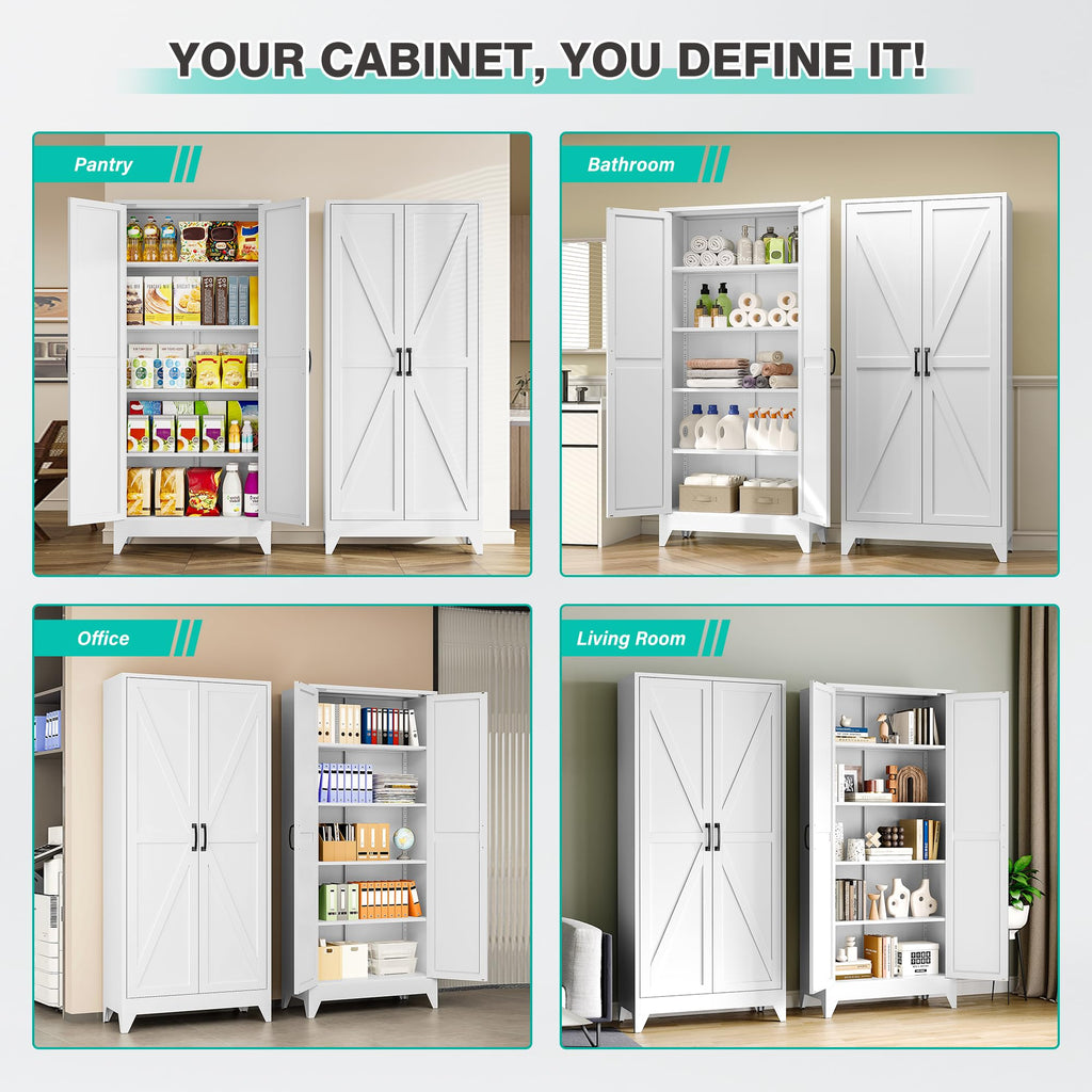 75" Tall White Metal Pantry Cabinet with 2 Doors and 5 Shelves Y499394