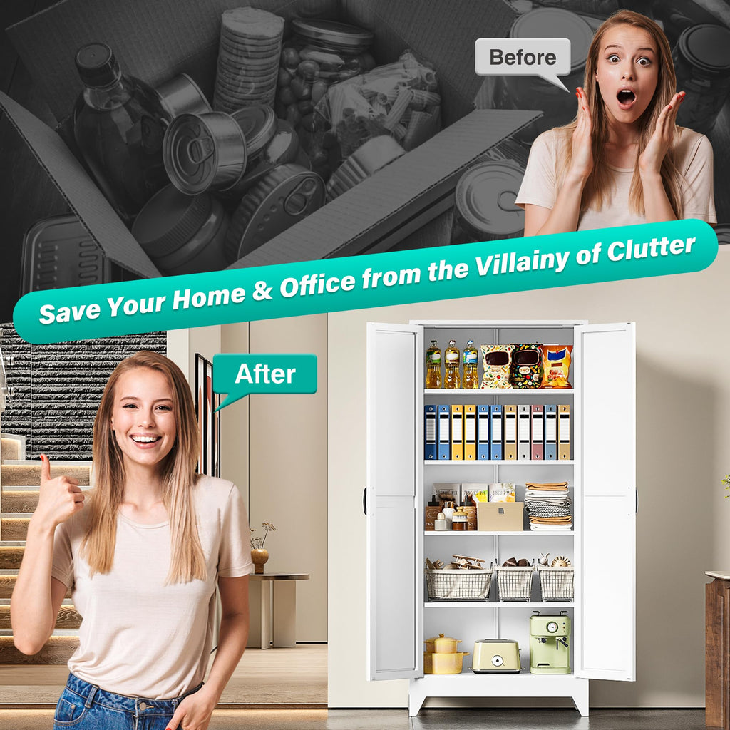 75" Tall White Metal Pantry Cabinet with 2 Doors and 5 Shelves Y499394