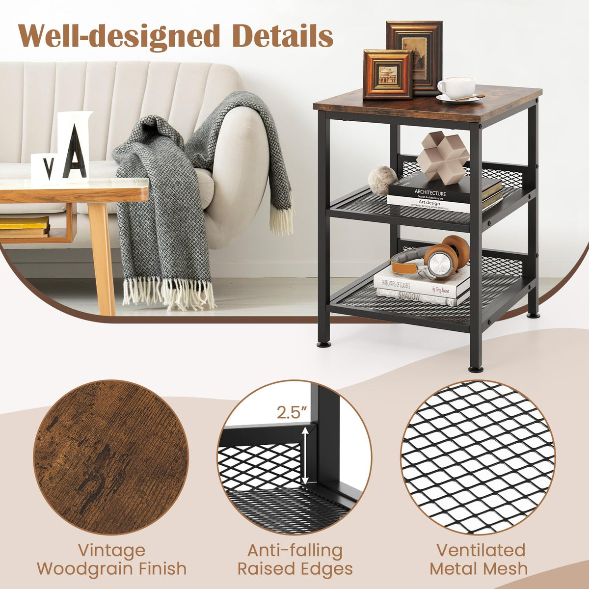 3-Tier End Table Set of 2 with Mesh Storage Shelves W116