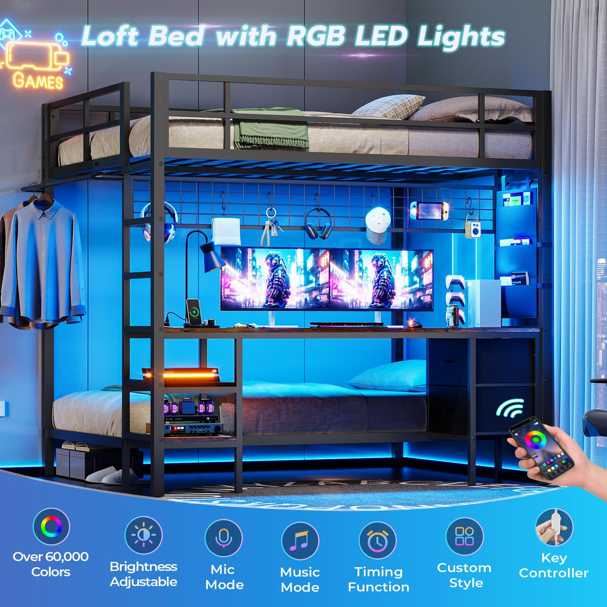 Full Over Twin Bunk Bed with Desk and LED Lights Q4651