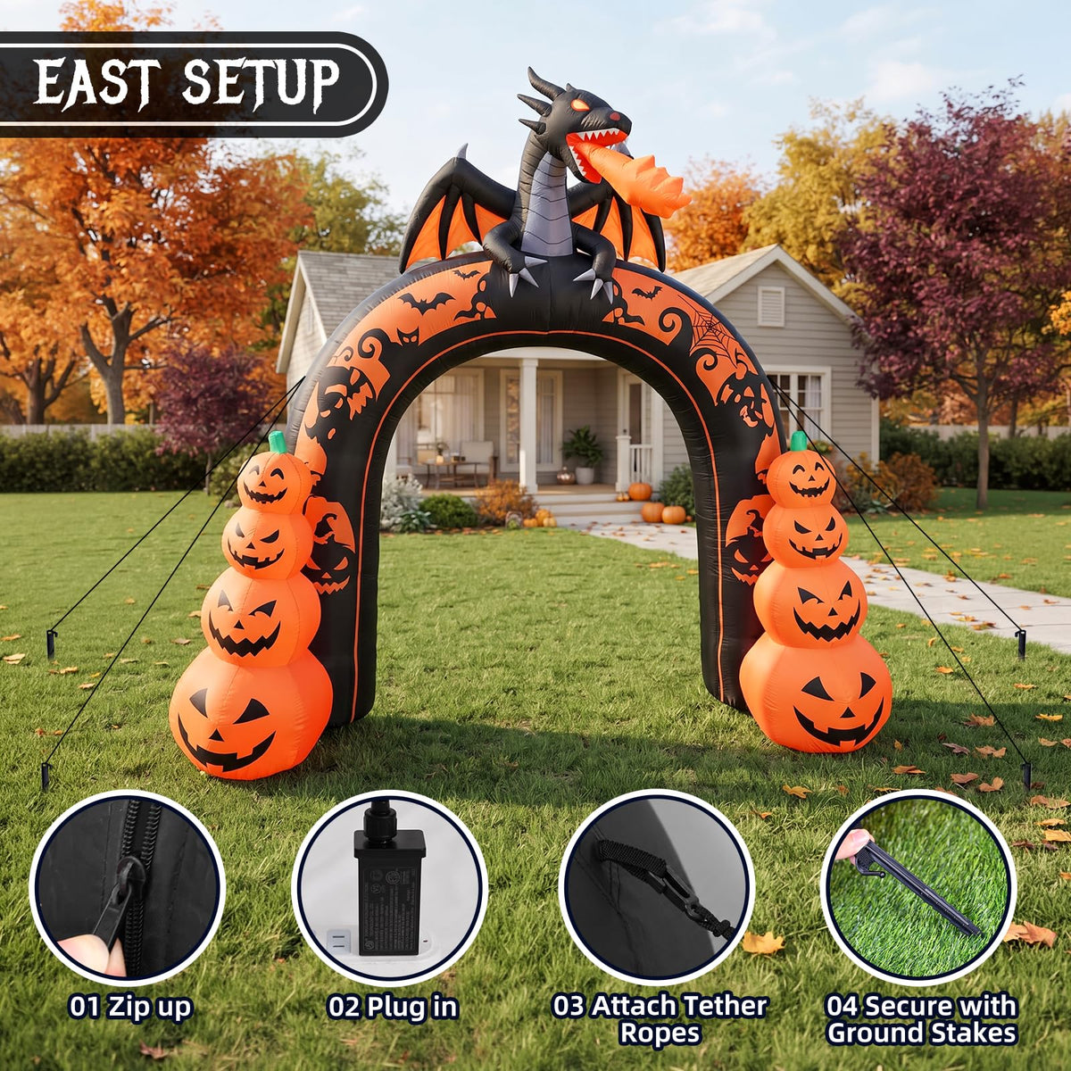 10 FT Tall Halloween Inflatables Dragon Pumpkin Archway Outdoor Decorations with Built-in LEDs Q6248