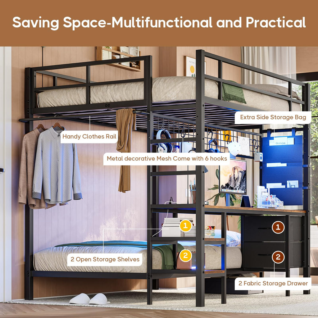 Full Over Twin Bunk Bed with Desk and LED Lights Q4651