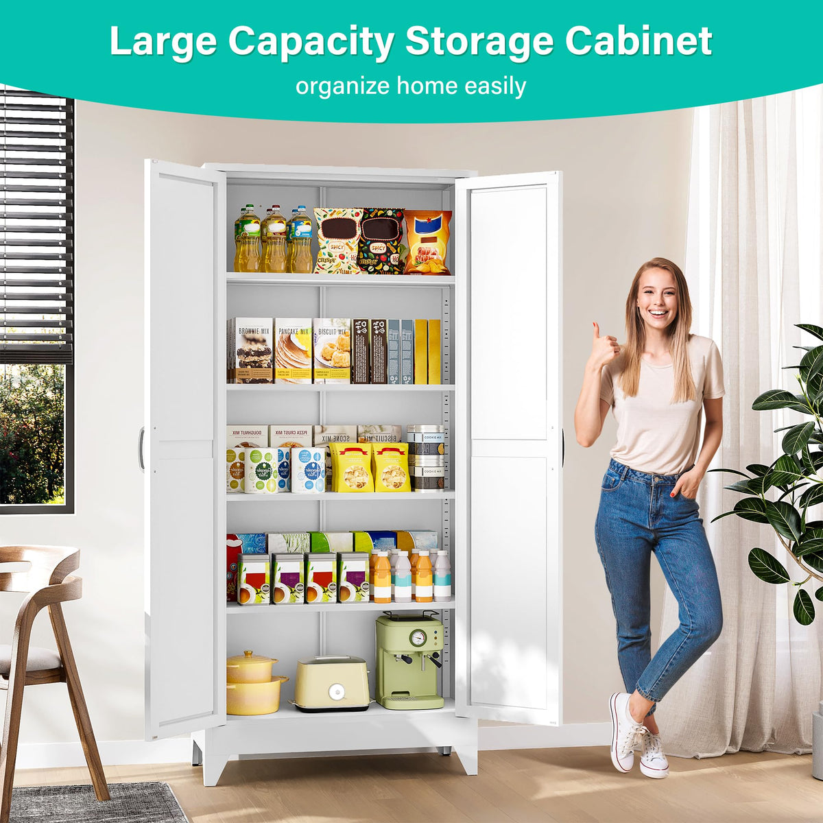 75" Tall White Metal Pantry Cabinet with 2 Doors and 5 Shelves Y499394