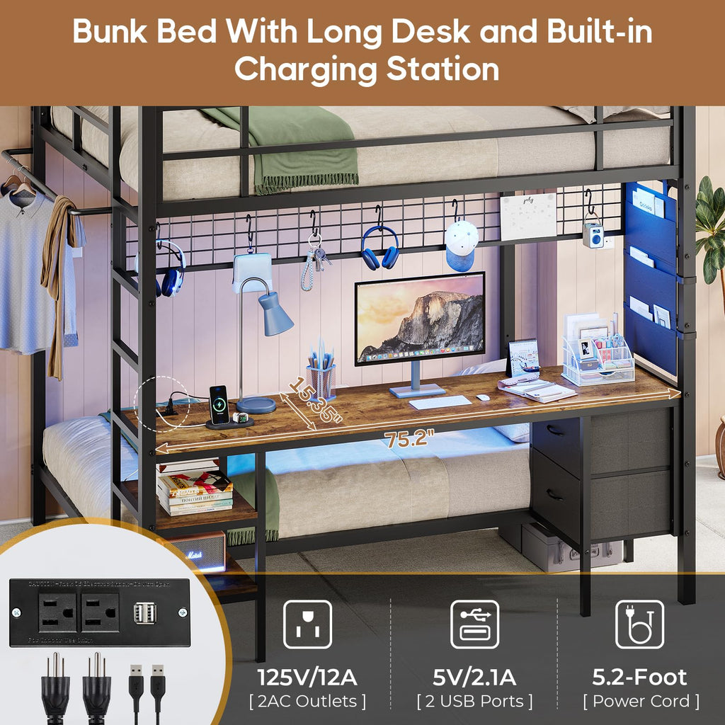 Full Over Twin Bunk Bed with Desk and LED Lights Q4651