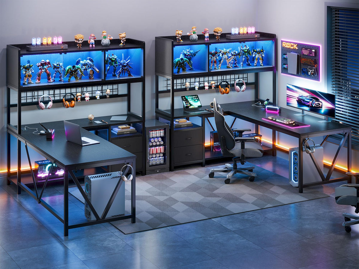 L Shaped Gaming Desk with Fabric Drawers and Power Outlet, Black N185