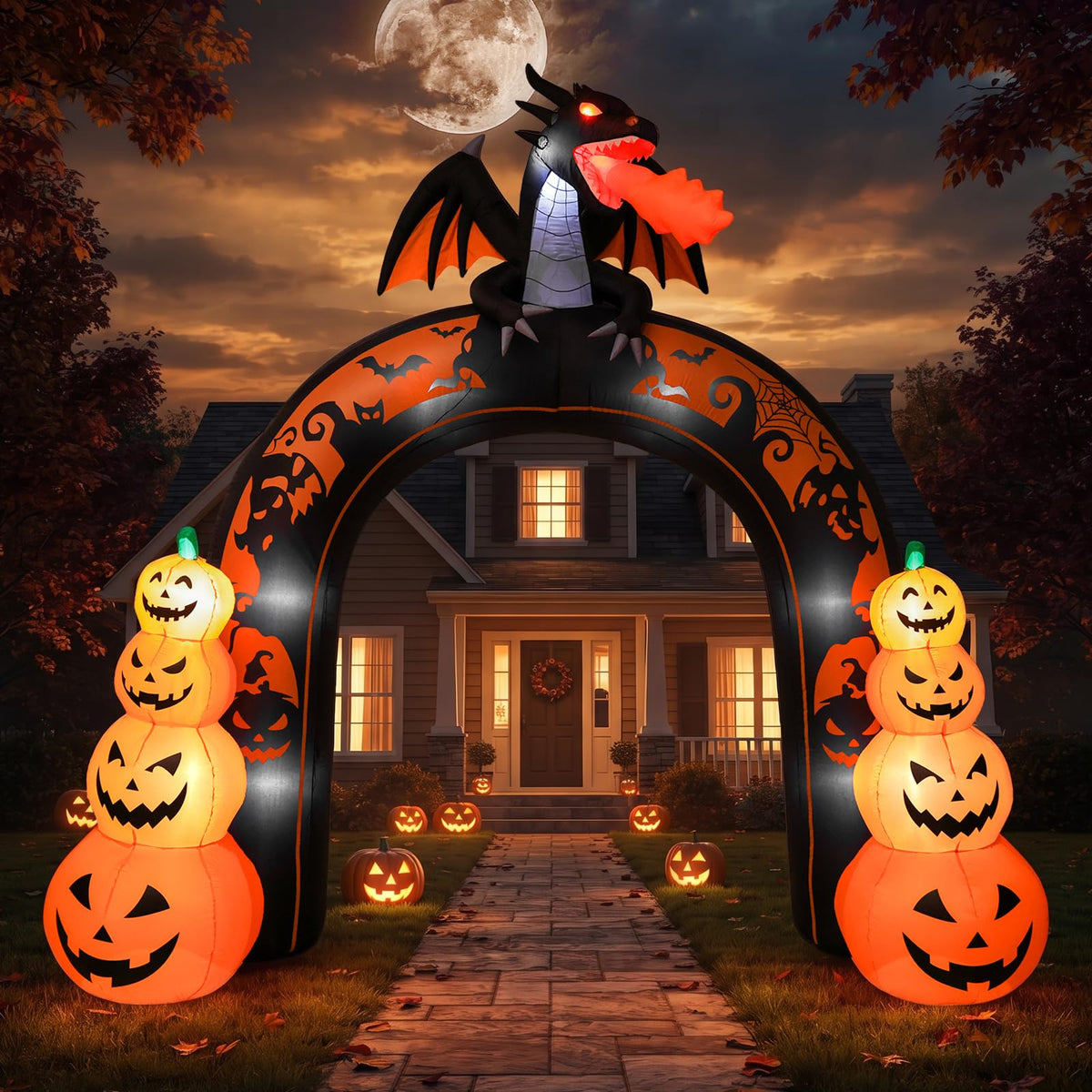 10 FT Tall Halloween Inflatables Dragon Pumpkin Archway Outdoor Decorations with Built-in LEDs Q6248
