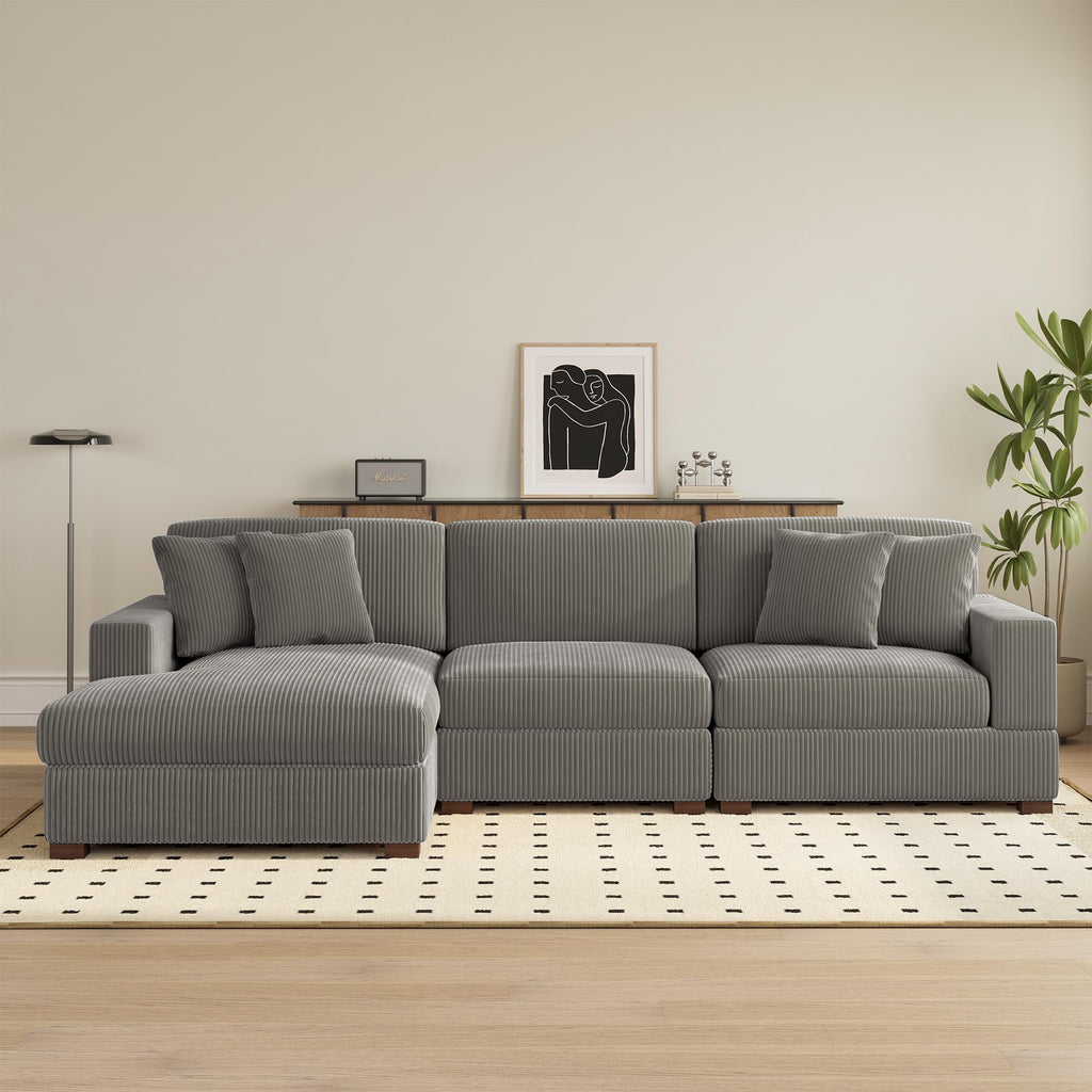 118" Light Gray Corduroy Modular Sectional Sofa with L-Shape Chaise W236941