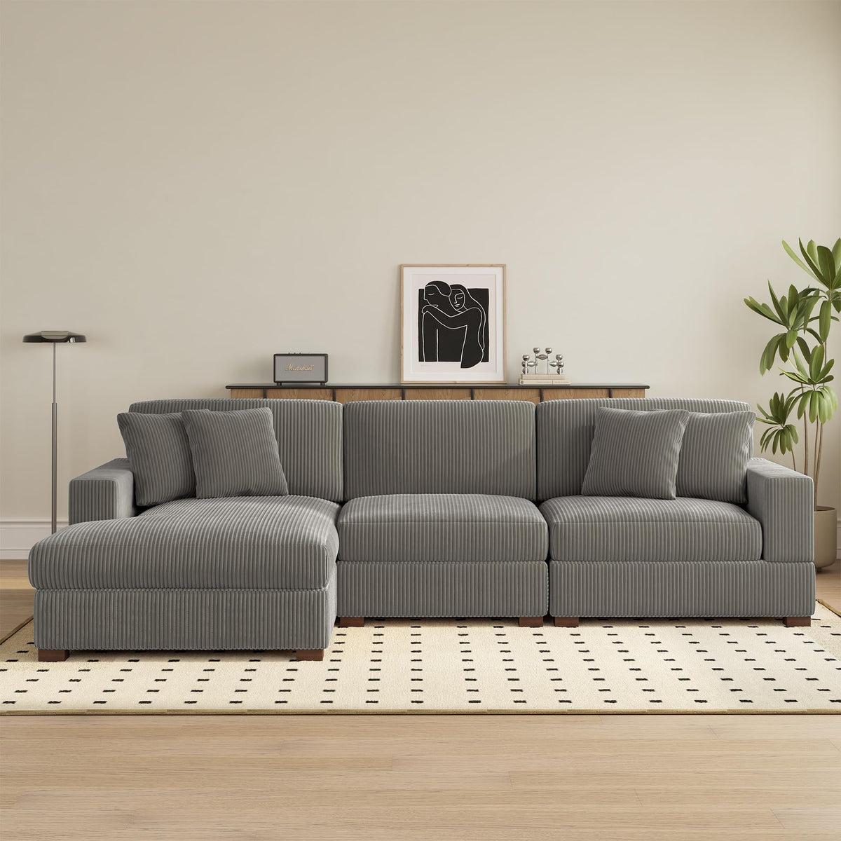 118" Light Gray Corduroy Modular Sectional Sofa with L-Shape Chaise W236941