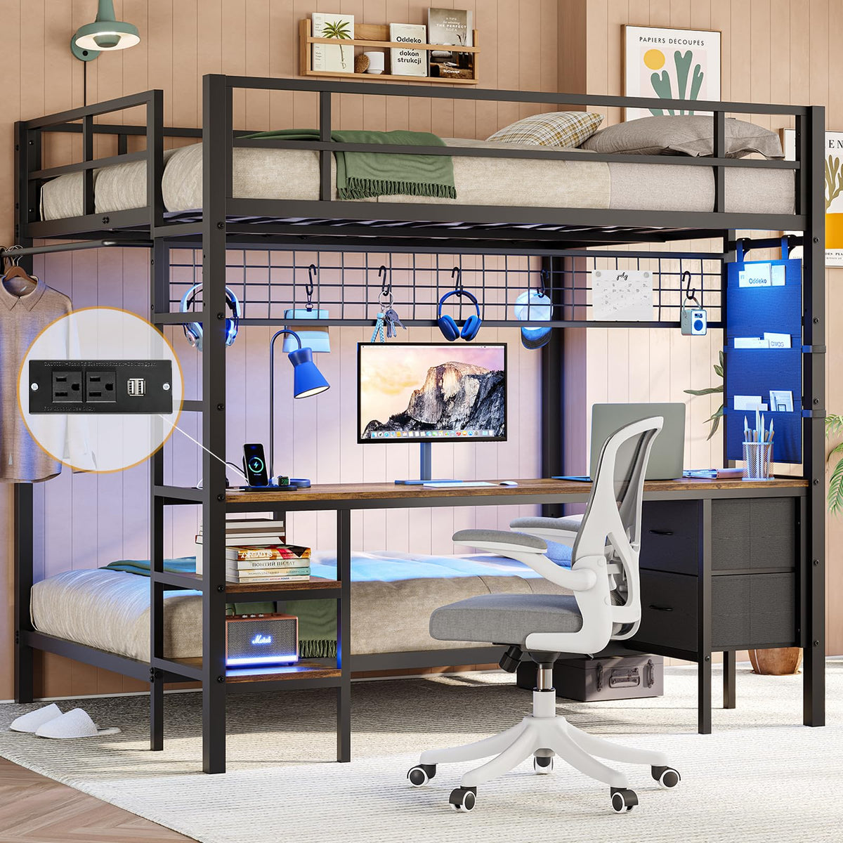 Full Over Twin Bunk Bed with Desk and LED Lights Q4651