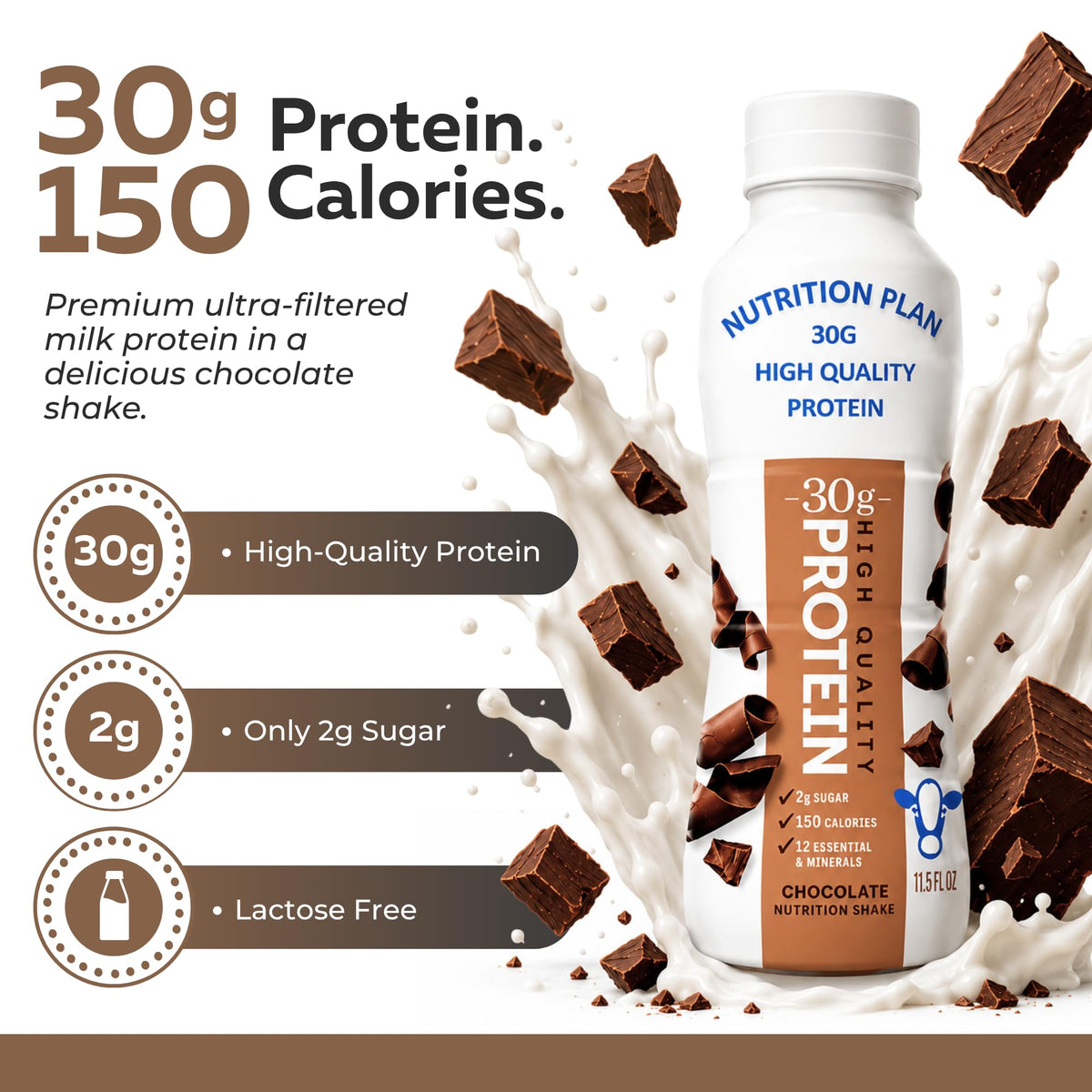 High-Protein Ready to Drink Shake – 30g Milk Protein, 150 Calories, 2g Sugar – Lactose Free, Chocolate, 11.5 fl oz (12 Pack) I6298