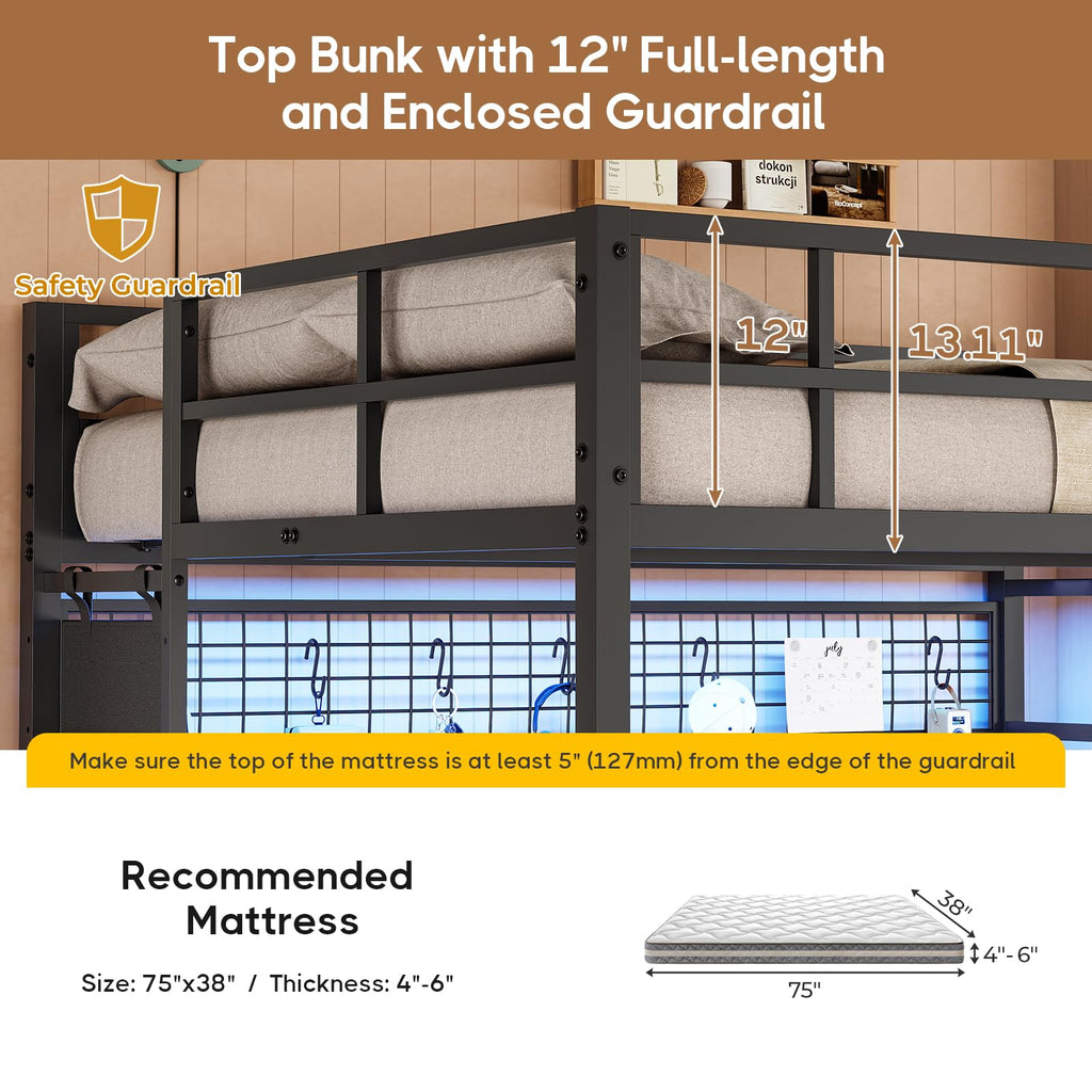 Full Over Twin Bunk Bed with Desk and LED Lights Q4651