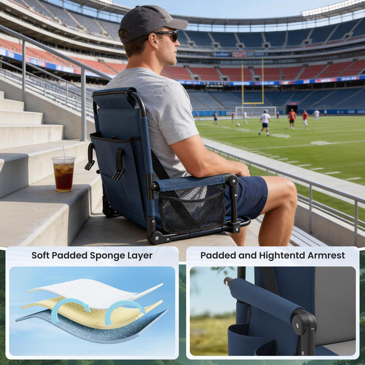 Portable Foldable Bleacher Chair with Cup Holders Blue F5421