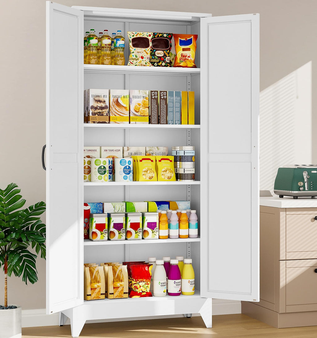 75" Tall White Metal Pantry Cabinet with 2 Doors and 5 Shelves Y499394