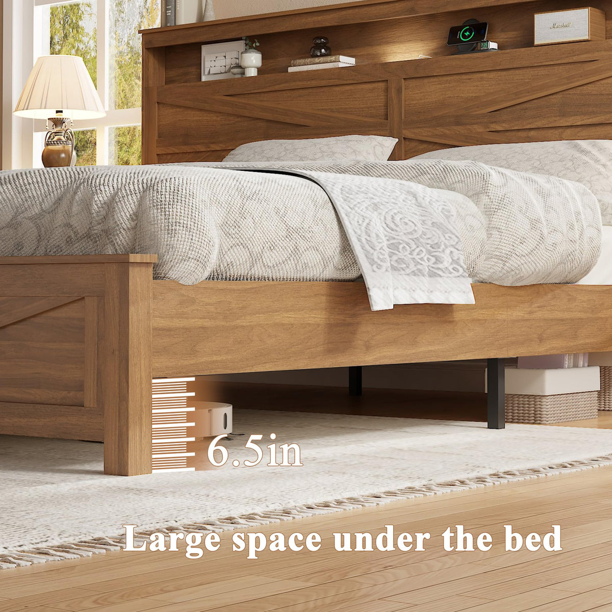 King Size Farmhouse Wooden Bed Frame with Storage Headboard D369
