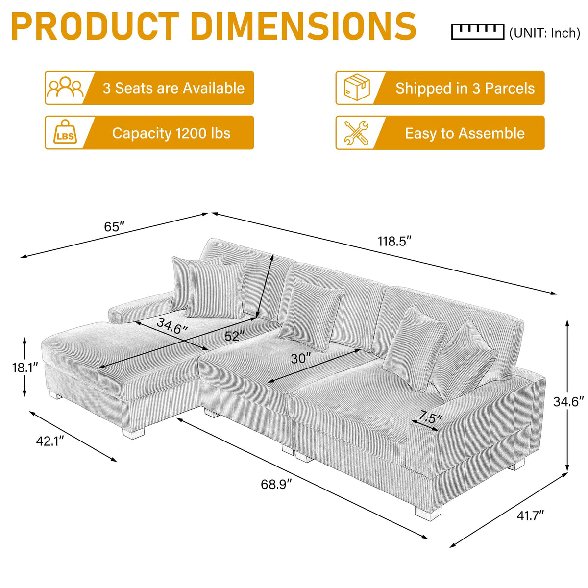 118" Light Gray Corduroy Modular Sectional Sofa with L-Shape Chaise W236941
