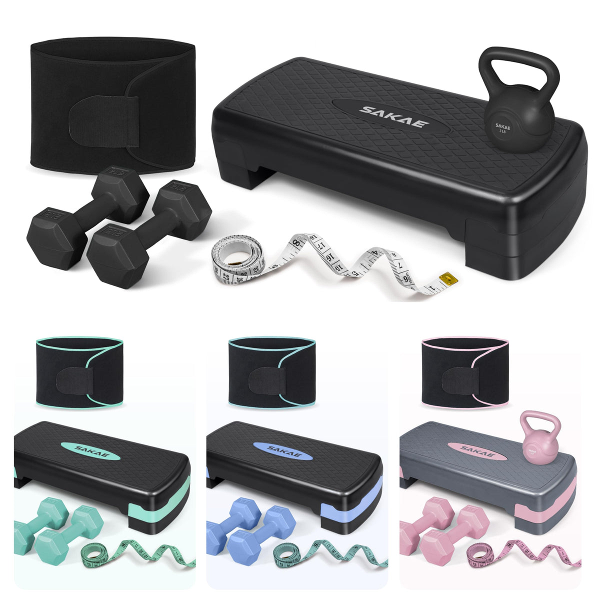 Adjustable Aerobic Stepper Kit with Dumbbells & Kettlebell & Weightlifting Belt & Measuring Tape R27061