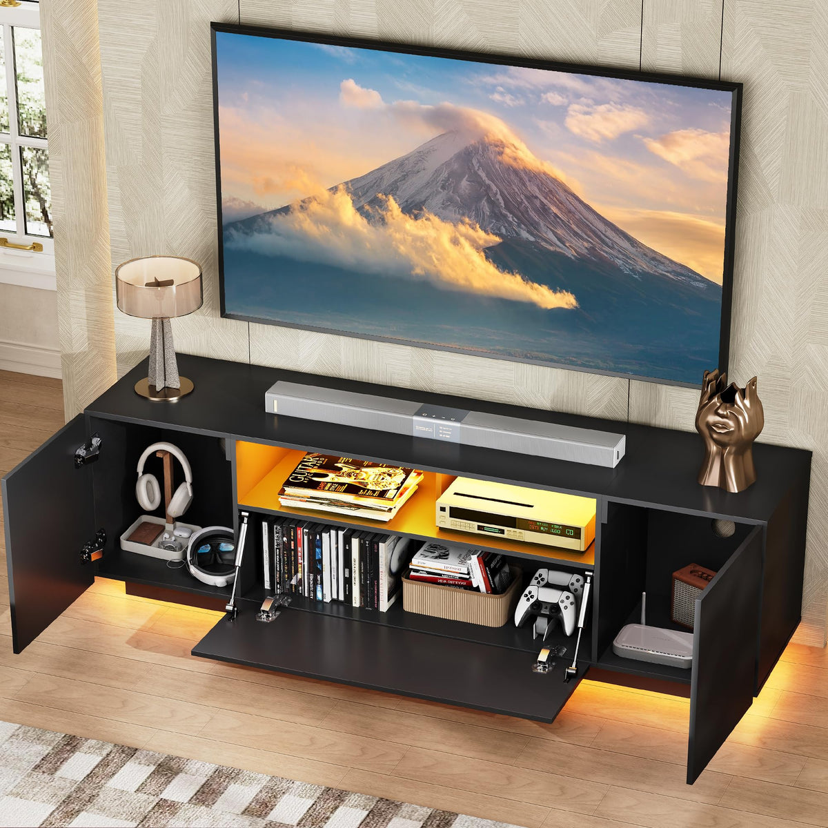 Black TV Stand with Storage Cabinets and Drawer X176526