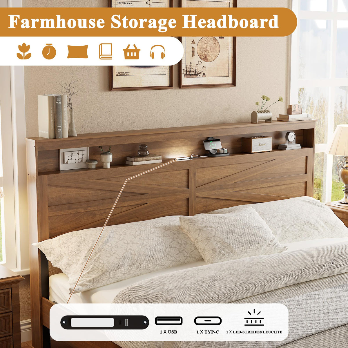 King Size Farmhouse Wooden Bed Frame with Storage Headboard D369