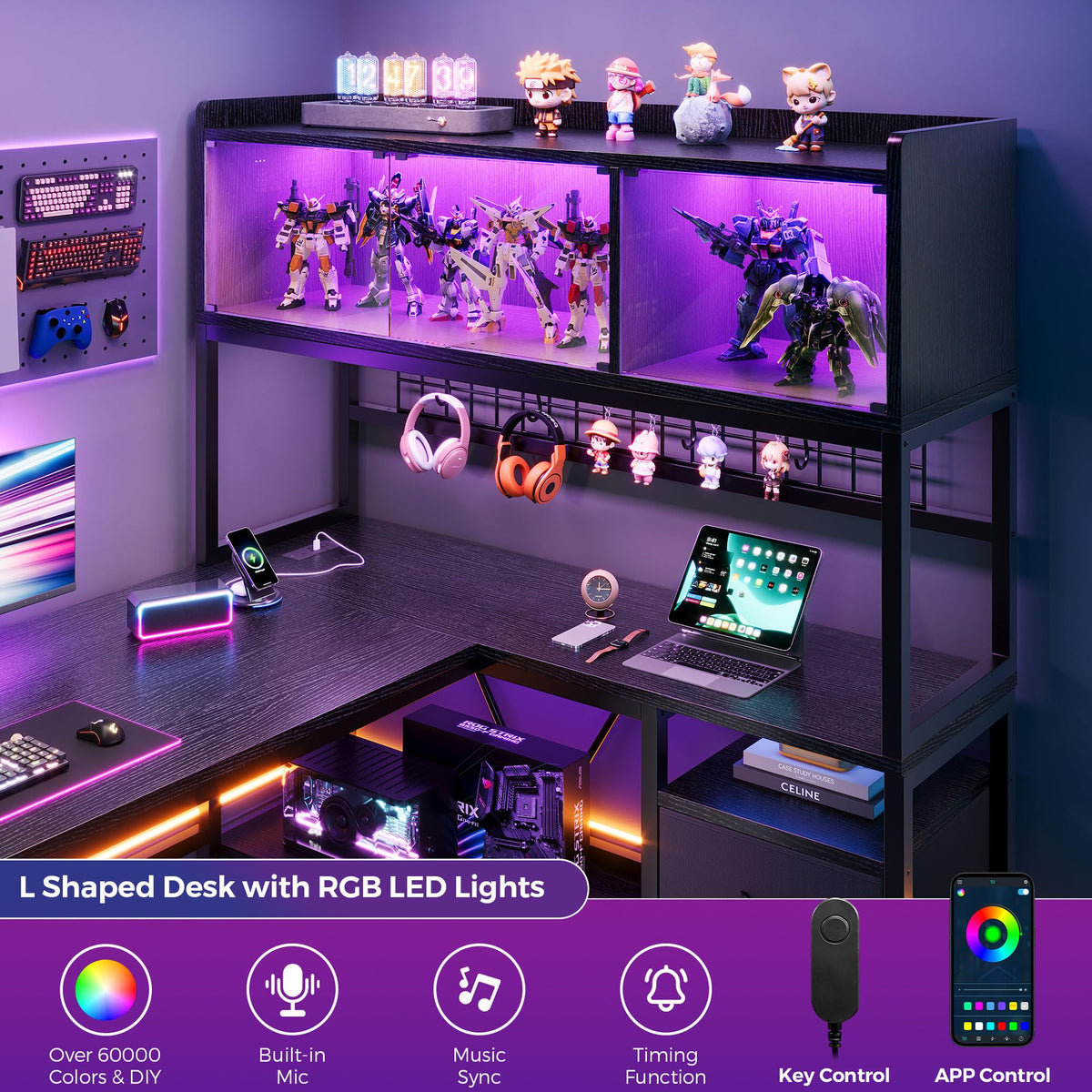 L Shaped Gaming Desk with Fabric Drawers and Power Outlet, Black N185