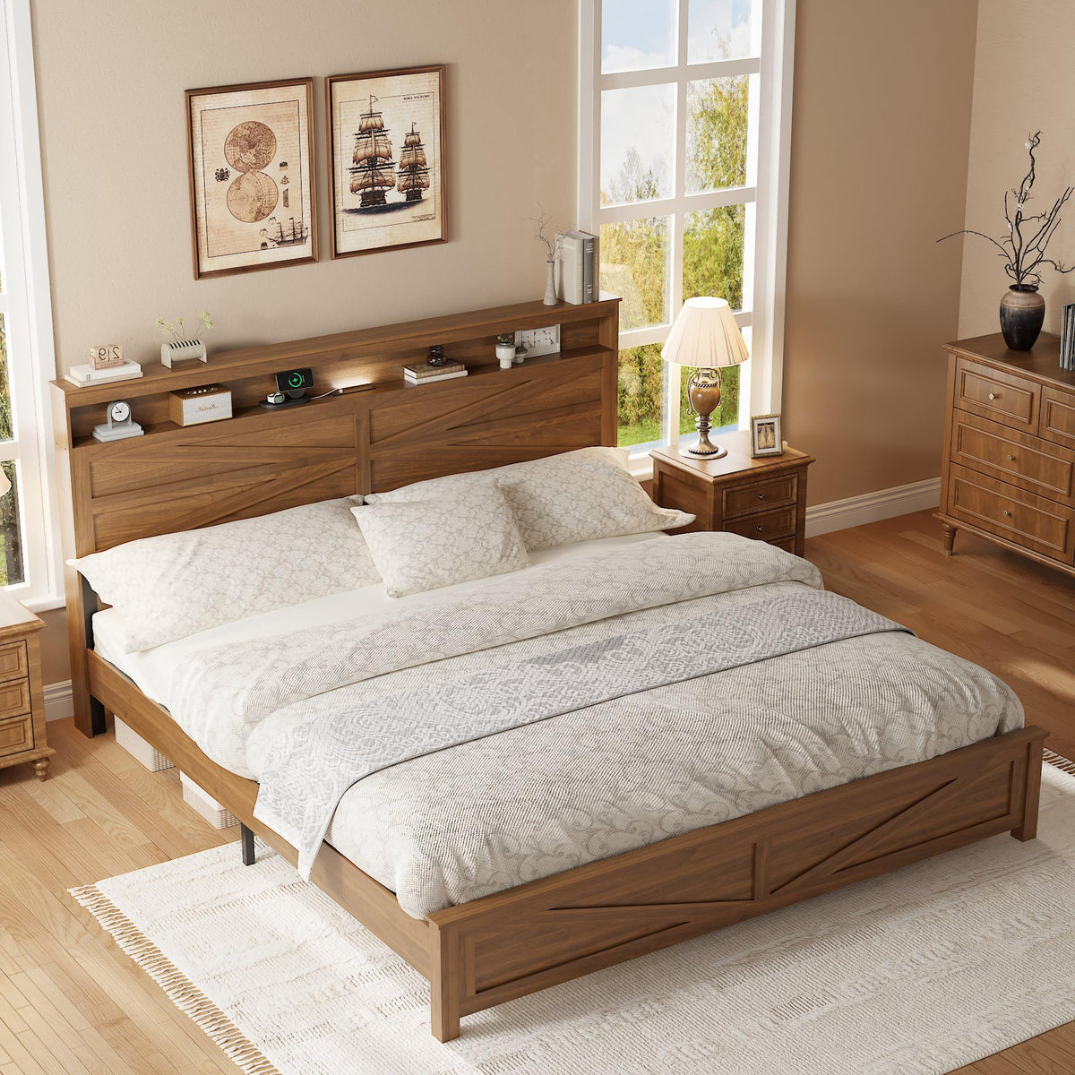 King Size Farmhouse Wooden Bed Frame with Storage Headboard D369