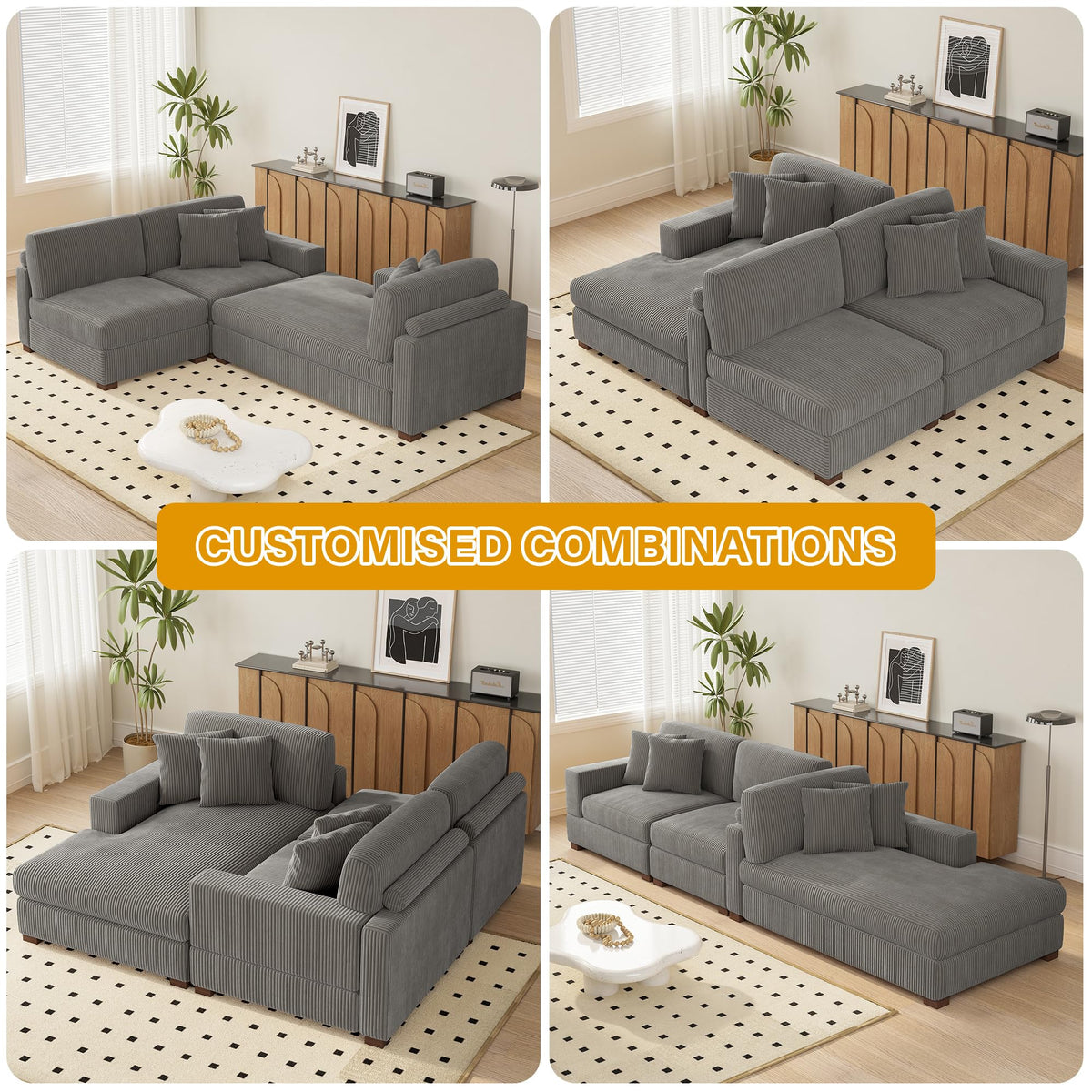118" Light Gray Corduroy Modular Sectional Sofa with L-Shape Chaise W236941