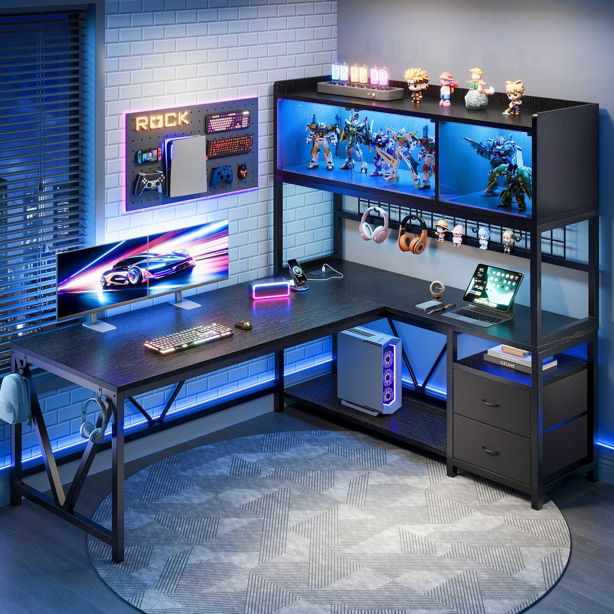 L Shaped Gaming Desk with Fabric Drawers and Power Outlet, Black N185