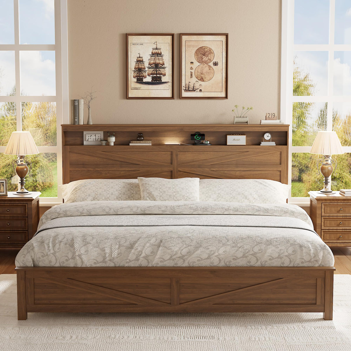 King Size Farmhouse Wooden Bed Frame with Storage Headboard D369