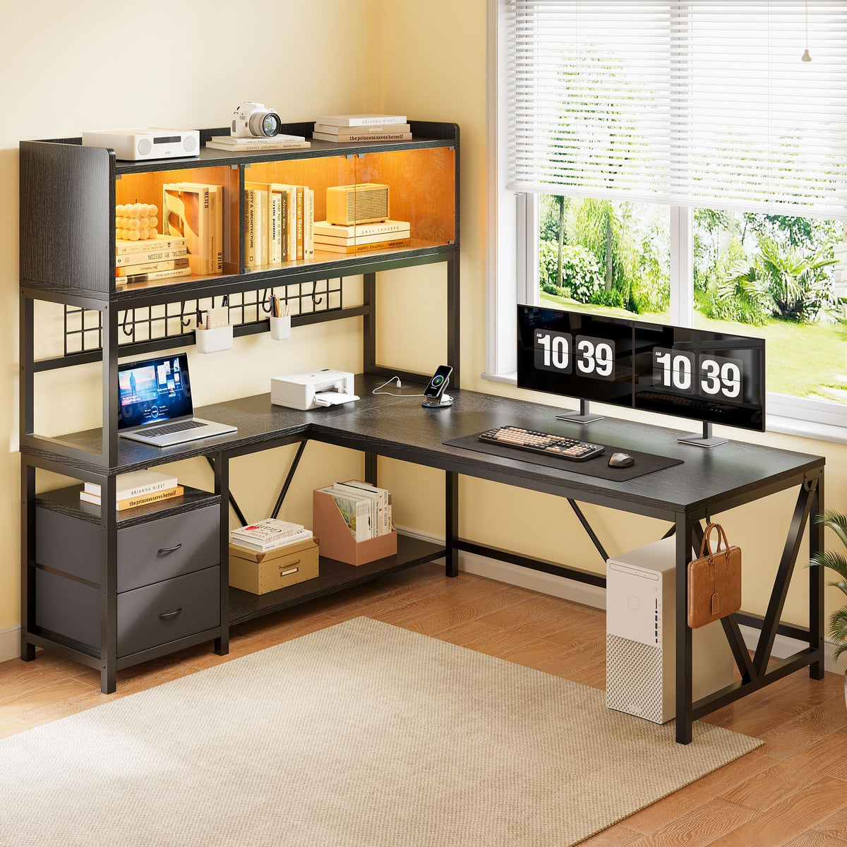 L Shaped Gaming Desk with Fabric Drawers and Power Outlet, Black N185
