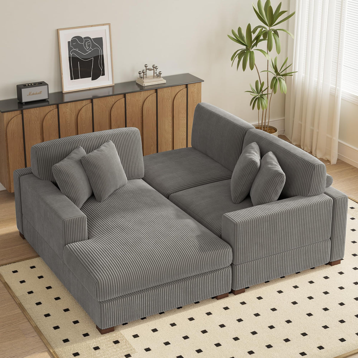 118" Light Gray Corduroy Modular Sectional Sofa with L-Shape Chaise W236941